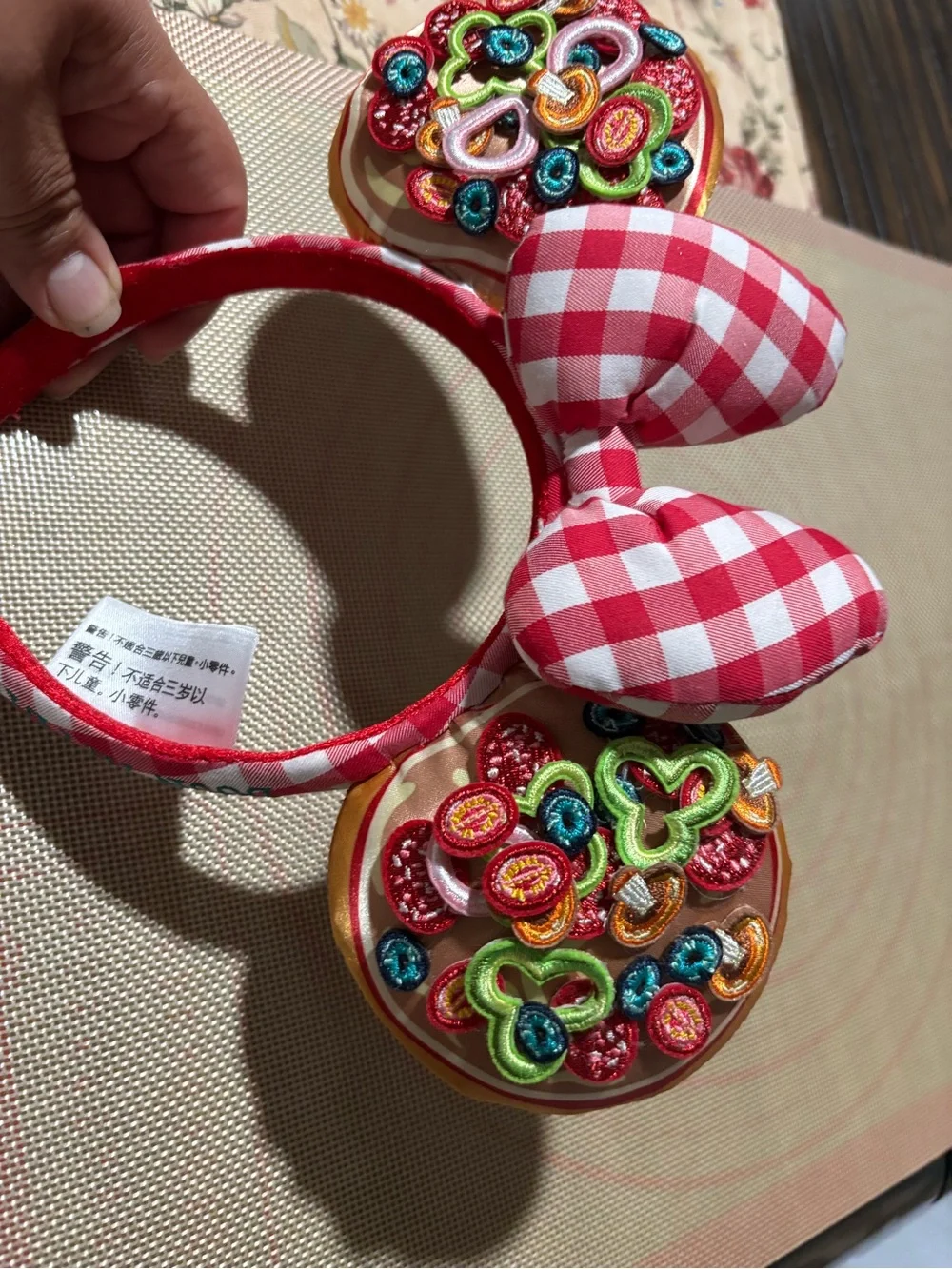 Disney Red Gingham Bow Headband with Colorful Donut Ears